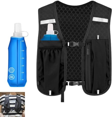 Unisex Running Vest with 500ml Water Bottle & Phone Bag, Multi-pocket Adjustable Hydration Vest, Breathable Reflective Running Vest for Running Cycling Hiking and Outdoor Climbing