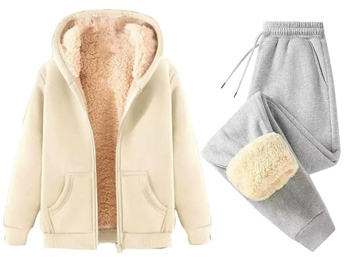 KBOPLEMQ Tuta da ginnastica da donna, invernale, calda, monocromatica, sportiva, imbottita, con cerniera, casual, set da due pezzi, lounge, a maniche lunghe, comoda, per la casa, per il tempo libero