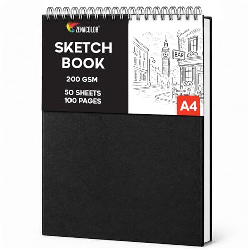 Zenacolor - A4 Sketch Book 200GSM - Very Thick Paper - 50 Sheets/100 Pages | Hardcover · Drawing Pad · Sketching · Spiral Bound · Lay-Flat Sketchbook · No Bleed-Through · Portraits · Artists