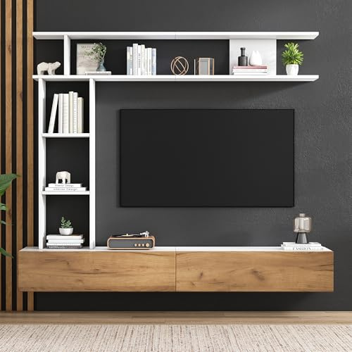 SACOOL Set per parete TV 180 * 35 * 22,5 cm con vetrine, parete multimediale con TV-Board, mensola e ripiano a parete, set di mobili soggiorno TV, TV-Schrank, in piedi e sospeso, TV fino a 80', bianco