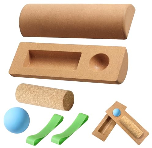 RNPKZ Cork Balance Board for Foot & Ankle 4PCS Foot Strengthener with Wobble Board,Balance Blocks,Massage Ball & Toe Resistance Bands,Ankle BalanceBoard Cork for Foot Function Training,Ankle Stability