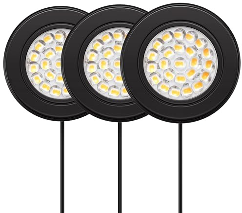 GETINLIGHT 2.5 Wide 3000K Dimmable LED Puck Lights Kit, Plug-in Installation with Recessed or Surface Mounted, Black Finish Over Metal Construction, Set of 3, IN-0113-3-BK