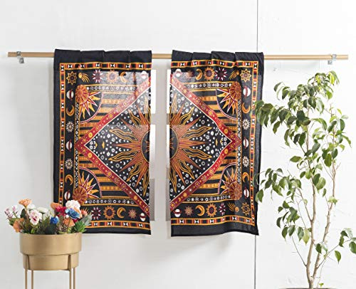 Popular Handicrafts Indian Burning Sun Hippie Mandala Kitchen Window Curtains - Gypsy Bohemian Sun Moon Beautiful Drapery Bedroom Living Room Balcony Valance Panels Golden