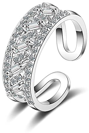 Anelli in argento sterling 925 con zirconi geometrici a doppio strato per fedi nuziali regolabili da donna