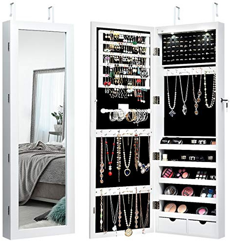 Relax4life Armoire à Bijoux Verrouillable avec Miroir Plein et LED, Organisateur de Bijoux Accrochable en MDF avec Grande Capacité de Rangement pour Bracelets Colliers Bagues(Blanc avec Cadre)