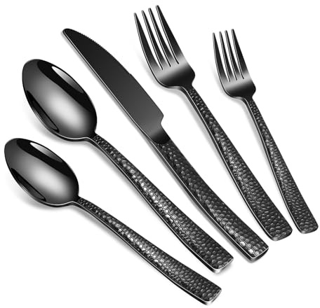 Remoxye 40-Piece Silverware Set, Black Hammered Stainless Steel Flatware Sets for 8, Food-Grade Tableware Set, Including Fork Knife Spoon Set, Durable Home Kitchen Cutlery Sets, Dishwasher Safe
