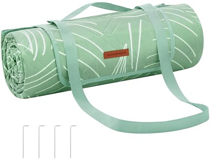 SONGMICS Picknickdecke, 300 x 200 cm, mit 4 Erdankern, groß, Campingdecke, für Park, Garten, Strand, wasserdicht, maschinenwaschbar, faltbar, mintgrün mit tropischem Farn GCM310C03