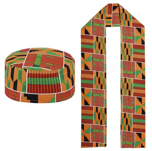 BAOZOON 2 st afrikanskt kente-mönster Kufi-hatt och Kente afrikanskt tryck schal skärp sjal för svart afrikansk historia män kvinnor barn, Klassisk stil, one size