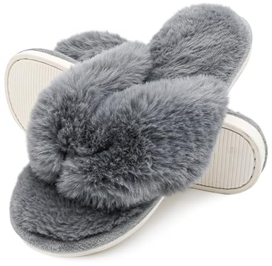 Onmygogo Plysch Inomhus Flip Flop Stringtofflor för kvinnor Öppen tå, Fuzzy Faux Fur Spa Hustofflor