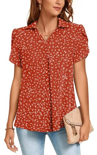 Aodemo Womens Summer Collared V Neck Short Sleeve Shirts Business Casual Pleated Tops Loose Work Dressy Blouses 3XL, Orange Red Dot