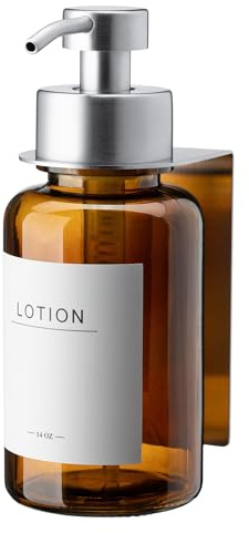 400ml Glas Seifenspender mit Wandhalterung Selbstklebend Edelstahl Pumpspender für Flüssigseife ohne Bohren (Braunglas/Silber)