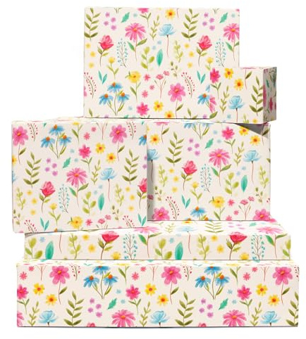 Papel de regalo de cumpleaños con flores silvestres - 6 hojas de papel de regalo beige - Flores de acuarela - Papel de regalo floral para mujer - Viene con pegatinas - Por Central 23
