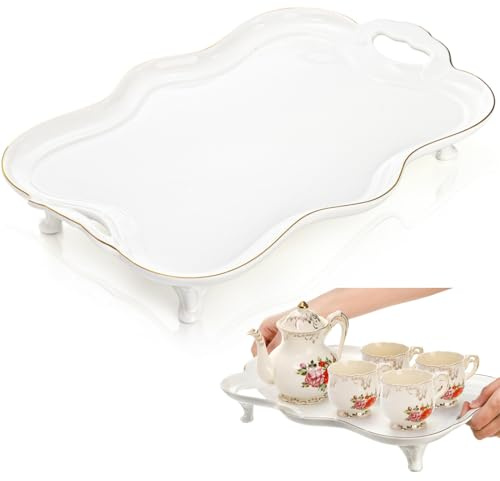 Tlence 16 Ceramic Serving Tray with Handles, Vintage Large Serving Platter, Luxury British Style Coffee Table Tray, Decorative Dish with Golden Rim, Rectangular Tea Tray for Perfume for Living Room