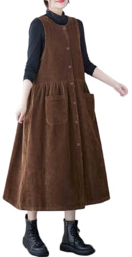 Inzegao Robe débardeur boutonnée en velours côtelé pour femme, robe midi côtelée sans manches avec poches, marron, Taille L