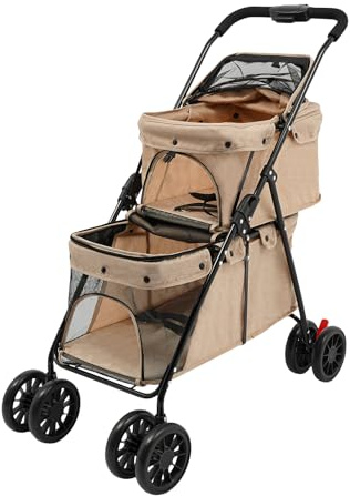 Carrito para perros, carrito para perros, carrito para gatos, carrito de 2 capas, para perros pequeños y medianos, hasta 20 kg, plegable, con ventilación y frenos (caqui)