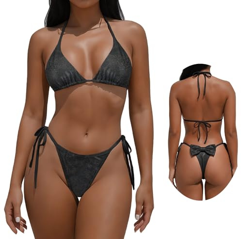 Ausing Ensemble de Bikini Métalliques 2 Pièces pour Femme Réglable Maillot de Bain Bikini Brésilien avec String S