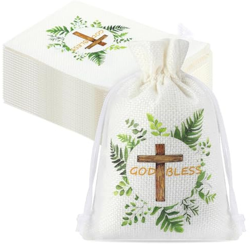 YUZNA Sacchetti Bomboniere Prima Comunione, 12 Pezzi, Religioso con Versetti della Bibbia e Disegno a Croce e Fiori, Con Manico, Ideali per Bomboniere Comunione Bambina e Bambino (Bianco)