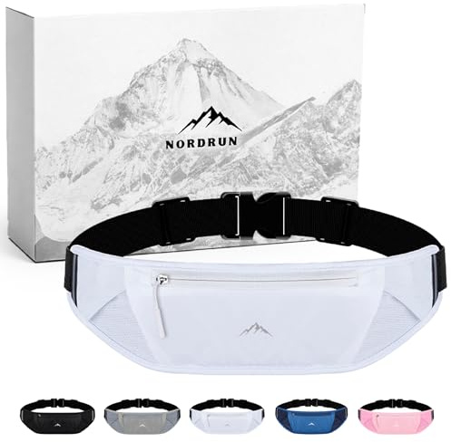 Nordrun Riñonera Running Ajustable e Impermeable para Mujer y Hombre | Cinturon Running Apto para Todos los Moviles | Porta Movil Running | Riñonera Deportiva | Running Belt (Blanco)