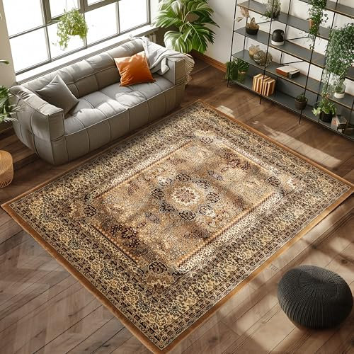 Carpettex Kurzflor Teppich Orientalisch Wohnzimmerteppich Klassisch Optik Webteppich Beige 240 x 340 cm - Orientteppich Vintage Teppich Schlafzimmer Weich Orientalischer Teppich Waschbar Küchenteppich