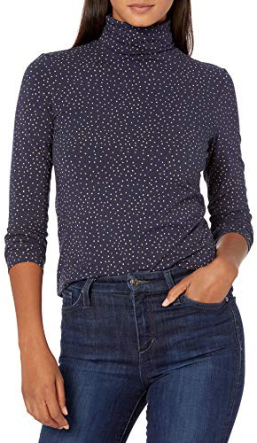 Amazon Essentials Jersey de Cuello Alto, Manga Larga (Disponible en Tallas Grandes) Mujer, Camel Azul Marino Lunares, XXL