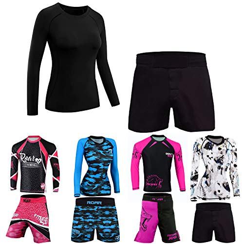 ROAR No Gi Full Set Ladies Sports Bra BJJ Leggings MMA Shorts & Grappling Rash Guard Female Fight Wear (Only For Ladies) (Black-2PCS-Set, X-Large)