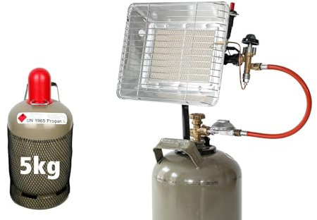 Rothenberger Industrial 4 teiliges Komplett-Paket: Gas Heizstrahler Aufsatzstrahler mit Zündung | 0,4 m Propangasschlauch | 1x Propankonstantregler 50 mbar und Propangas 5 kg leer