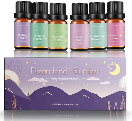 WECONA Eteriska oljor för diffusorer för hemmet – set med aromaterapioljor för luftfuktare, 6 x 10 ml – eteriska oljeblandningar inklusive lavendel, cederträ, söt apelsin, pelargon, romersk kamomill