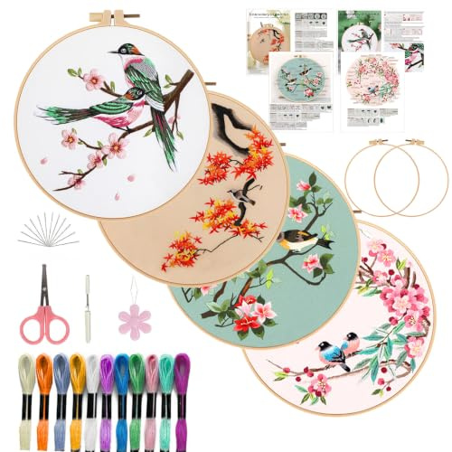 SHIPKEY 4 Sets Embroidery Kit, Cross Stitches for Beginners, Stamped Bird Designs