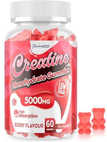 Truvenzara Creatine Gummies 5000mg, 5-in-1 Vegan Supplement with Taurine, B6 & B12, for Energy, Endurance & Muscle Builder, Low Sugar, High Absorption, Natural Berry