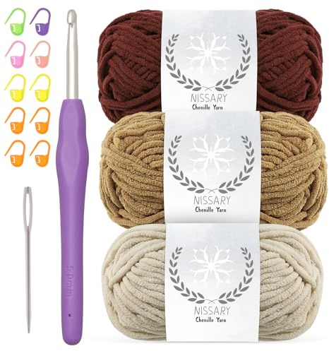 Chenille Yarn for Crochet - Soft Plush Velvet Yarn 3x50g with 5mm Hook,Thick Fluffy Wool for Crochet Blanket Making Chunky Wool -Ideal for Beginners (Brown+Brown+Khaki)