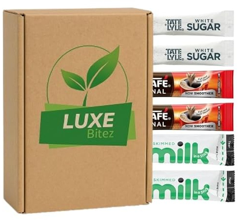 Luxe Bitez 120-Piece Coffee Set – 30 Instant Coffee Sachets, 30 Lakeland UHT Milk Sticks, 60 Tate & Lyle White Sugar Sticks | Individually Wrapped Portions for Home, Office & Travel