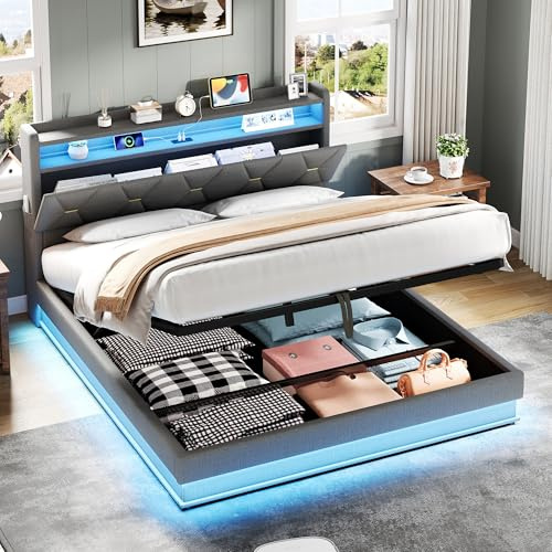 4ft6 Double Bed Frame, Upholstered Ottoman Bed with Concealed Storage Headboard & LED Lights & Charging Station, Linen Functional Storage Beds with Hydraulic Lift & Sturdy Metal-Wood Support, Grey