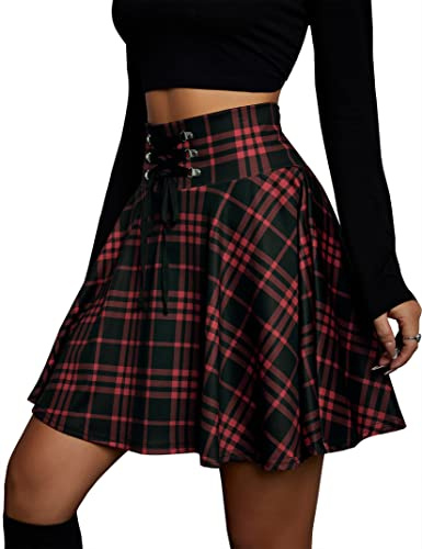 YesFashion Jupe plissée à carreaux gothique pour femme - Taille haute - Jupe trapèze - Mini jupe patineuse (emballage réutilisable), rouge, M