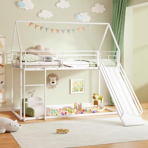 GYMAX Metal Kids Bunk Bed, Children Loft Bed with Slide, Safety Guardrail & Ladder, House Shaped Toddler Bedframe for Boys Girls, No Box Spring Needed (White, 196 x 195 x 179 cm)