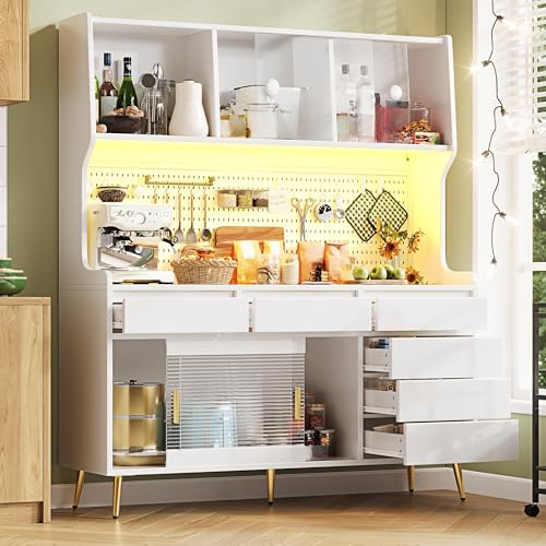 Ktipm Armario Cocina con Iluminación LED y Placa de Orificio, Aparador Cocina Alto con Puerta Corredera y 6 Cajones, Alacena de Cocina Mueble Auxiliar con Pata Metálica, 144.9x39x171 cm, Blanco
