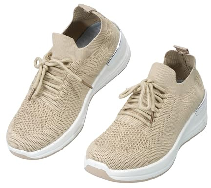JOMIX Sneakers Donna Estivo Scarpe Casual Leggere Basse Stringate con Lacci Tessuto Knit Sportive Lifestyle con Suola in Gomma Antiscivolo Inserti a Contrasto Comfort Quotidiano WLO260148 Khaki 36