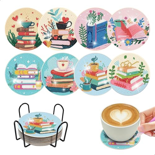 8 Pezzi Sottobicchieri con Supporto Per Diamantini, Diamond Painting Adulti Sottobicchiere, Diamond Painting Kit Completo, Antiscivolo, per Principianti, Regalos Hechos a Mano (Tema del Libro)