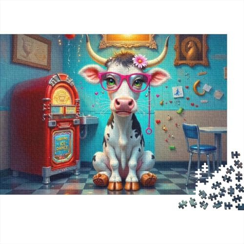 Mucca dei cartoni animati con occhiali Puzzle da 1000 pezzi Mucca con occhiali rosa e jukebox per giochi educativi per adulti Bellissima decorazione Sfida Alta difficoltà Compleanno 52x38cm