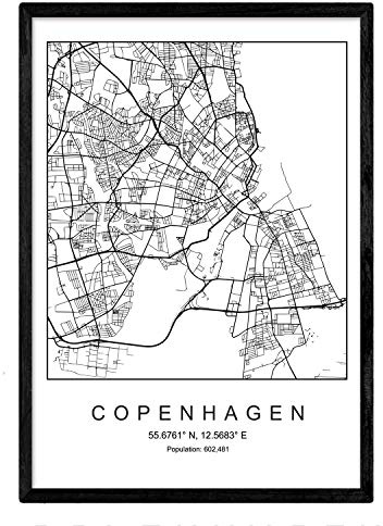 Nacnic Lámina mapa de la ciudad Copenhagen estilo nordico en blanco y negro. Poster tamaño A3 Enmarcado con marco negro Impreso papel 250 gr. Cuadros, láminas y posters para salon y dormitorio