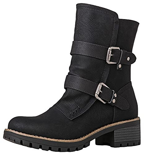 GLOBALWIN Lace up Mid Calf Motorcycle Fashion Festival Boots Combat Riding Military Boots for Women Black Size 10