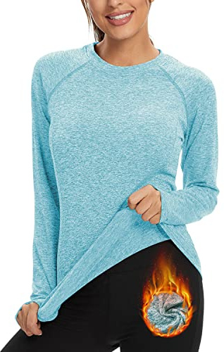 Soneven Thermal Base Layer Top Womens Long Sleeve T Shirts Running Shirt Lightweight Fleece Sports Top for Travel, Hiking, Camping, Skiing, Snowboard (Blue, M)