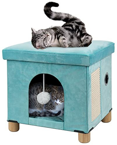 BRIAN & DANY Foldable Cat Bed - Large Pet Cat Cube with Scratch Board & Ball, 37x31.8x36 CM, Green