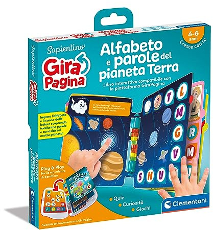 Clementoni - 16647 - Sapientino - Girapagina, L’Alfabeto del Pianeta Terra - Libro Educativo Ed Interattivo per Stimolare L'Interesse alla Lettura, per Bambini dai 4 Anni (Gioco in Italiano)