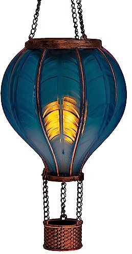 LED Solar Heißluftballon mit Flammeneffekt Beleuchtung | Lampion mit 20 warm-weißen Lichter | Gartenlaterne zum hängen | inkl. Metallkette | Gesamthöhe ca. 40,5 cm (Blau)