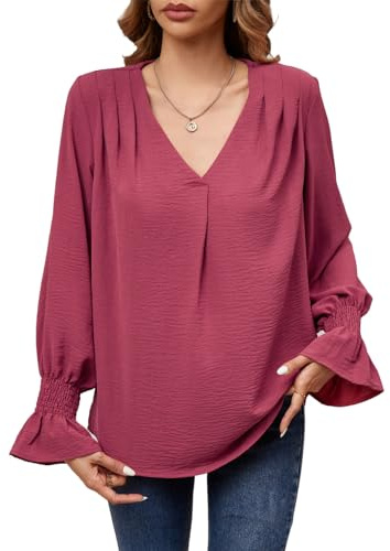 Famulily Women's Long Sleeve Work Shirt Pleated V Neck T-Shirts Loose Blouses with Smocked Cuffs S-XXL