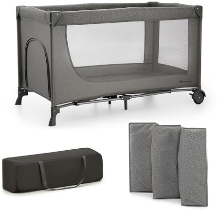 Kinderkraft JOY 2 Lit parapluie 2 en 1, Lit bébé de la Naissance jusqu’à 15 kg, 120 x 60 cm, Facile à Plier, Étagères pour les couches, Gris