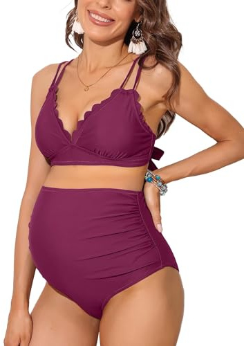 Charmo Womens Maternity Bikini Set 2 Pieces Pregnancy Swimwear | Removable Pads, Adjustable Straps, High Waist, Ruched Design, Push Up, V Neck