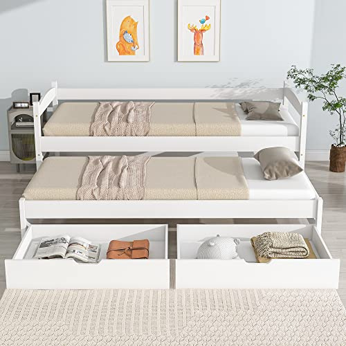 KUAKE 90 x 200 cm, con letto estraibile, con 2 cassetti, matrimoniale, letto per giovani, lettino per bambini, pino, bianco ﻿