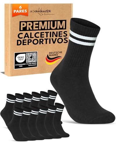 sockenkauf24 Calcetines Deportivos Hombre Tenis Performance Crew Socks 6 Pares Acolchados Transpirables Estilo Retro 70107T (Negro Rayas 39-42)