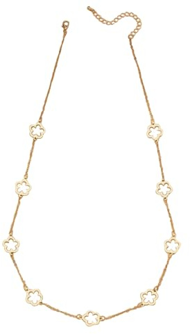 Tata Gisèle Collier Long Trèfle, Acier Inoxydable Doré, 62 cm + Extension 5 cm, Motifs Fleurs Ajourées; Bijou Femme Fantaisie
